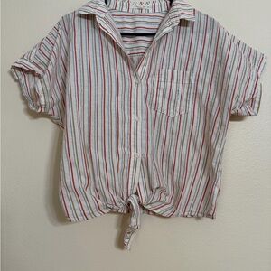 Fun2Fun Women’s Tie Front Striped Blouse Medium Short Sleeve Button Front